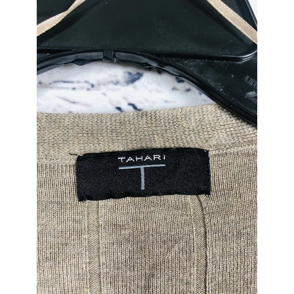 Tahari Women Ribbed Knit Cardigan Sweater V-Neck Button Front Tan Beige Size S